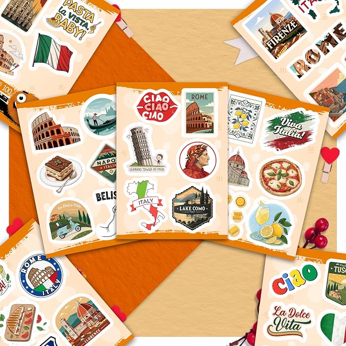 100Pcs Italy Stickers for Scrapbooking, for Luggage, for Water Bottle - Italian Stickers and Decals - Italy Party F avors - Gift for Women & Men