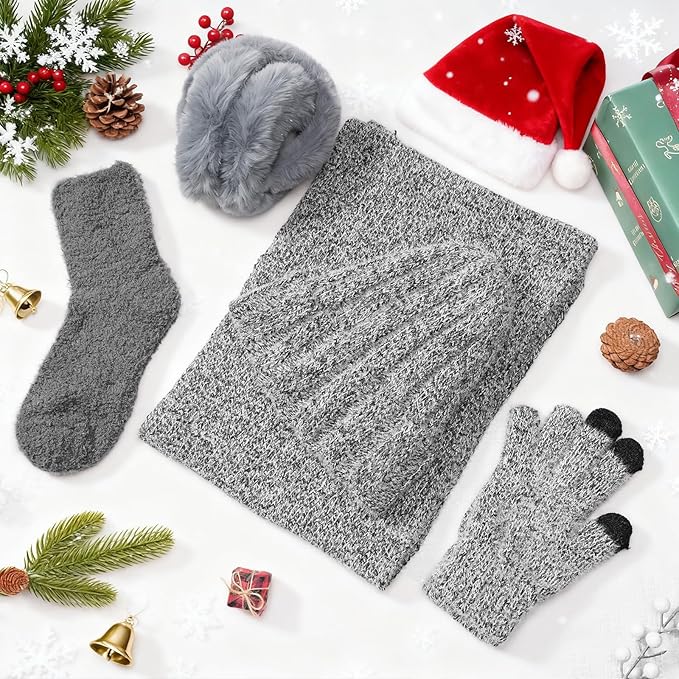 Geyoga 6 Pcs Winter Knit Set Beanie Hat Long Scarf Touchscreen Gloves Ear Muff Socks Warm Valentine Gift for Women Men Snow(Dark Grey,Chic Style)