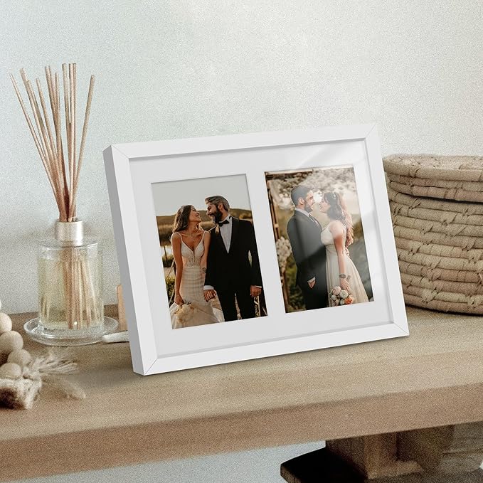 8x10 Double Picture Frame For Displaying Double 4x6 Picture Frame for Wall Mounting or Tabletop, White.