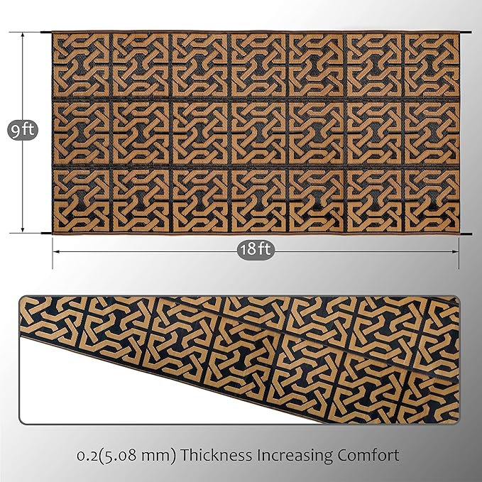 SAND MINE Reversible Mats, Plastic Straw Rug, Modern Area Rug, Large Floor Mat and Rug for Outdoors, RV, Patio, Backyard, Deck, Picnic, Beach, Camping, Trailer, Black & Brown, 9' x 18'