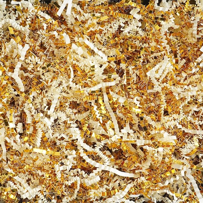 Uptotop 1 LB Crinkle Cut Paper Shred Filler for Gift Wrapping Basket Filling, Birthday, Christmas, Thanksgiving, Wedding, Mother's Day, White and Gold