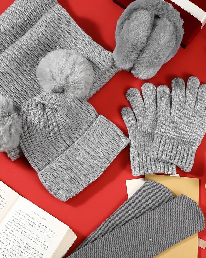 Geyoga 6 Pcs Winter Warm Fleece Knit Hat Long Scarf Touchscreen Gloves Ear Muffs Socks Sets, Winter Warm Gifts for Women