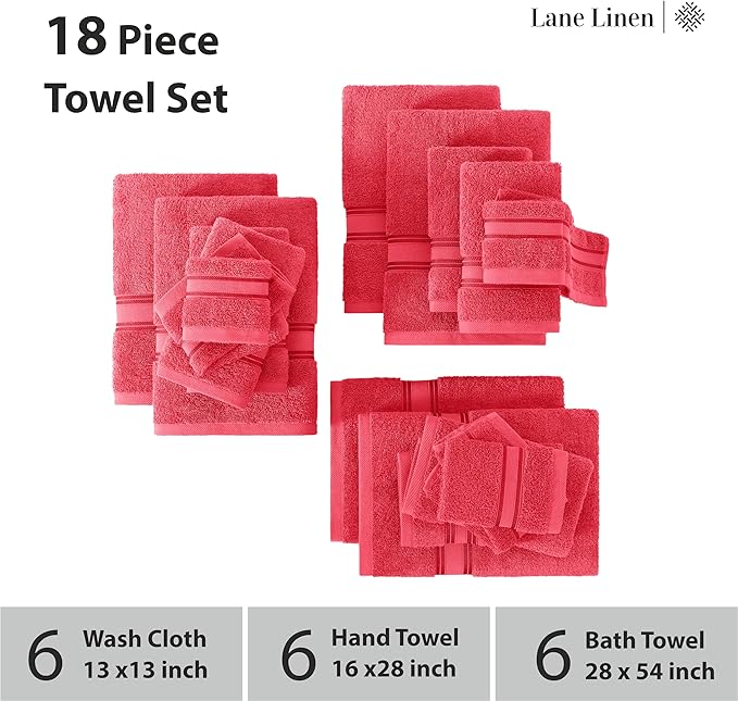 LANE LINEN Towels for Bathroom – 18 Pack, 100% Ring-Spun Cotton, Zero Twist, 6 Bath, 6 Hand Towel & 6 Wash Cloths, Highly Absorbent, Luxury Hotel & Spa Quality, Machine Washable – Honeysuckle