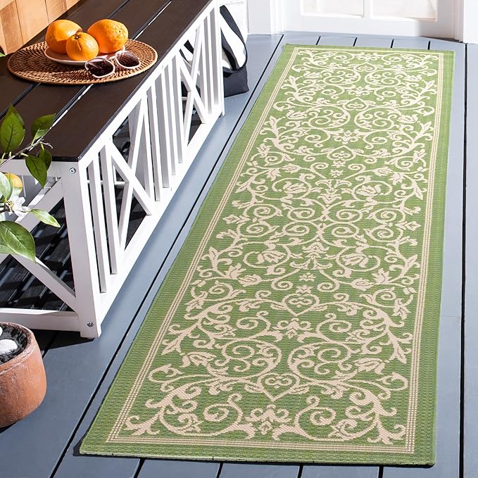 SAFAVIEH Washable Rug Outdoor Courtyard Collection - 2'3" x 12' Runner, Olive & Natural, Non-Shedding & Easy Cleaning, Ideal for Patio, Entryway, Mudroom, Hallway, Kitchen (CY2098-1E06)