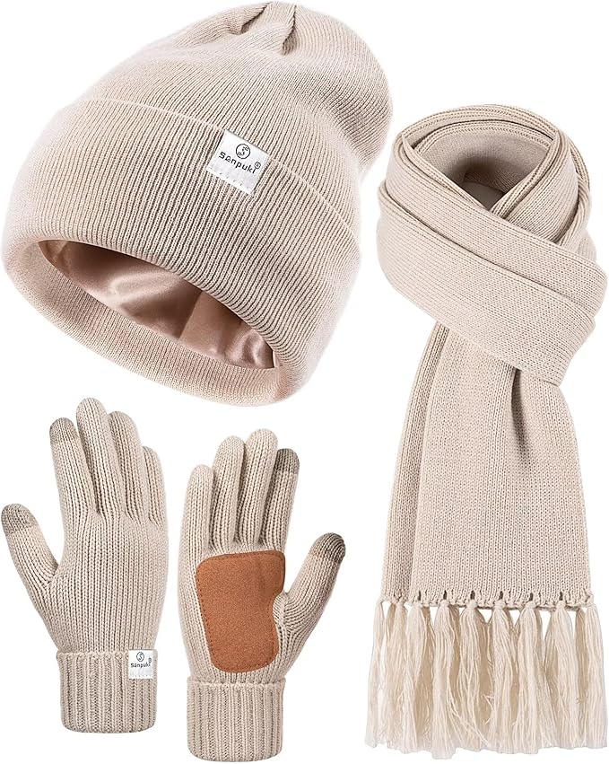 Womens Satin Lined Beanie Scarf Gloves Set, Silk Lined Winter Hats Knit Scarf Gloves, Gift Set Stocking Stuffers For Women