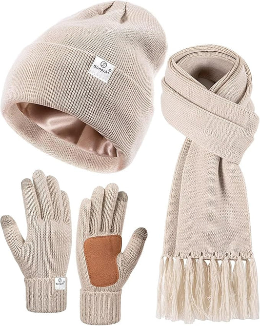Womens Satin Lined Beanie Scarf Gloves Set, Silk Lined Winter Hats Knit Scarf Gloves, Gift Set Stocking Stuffers For Women