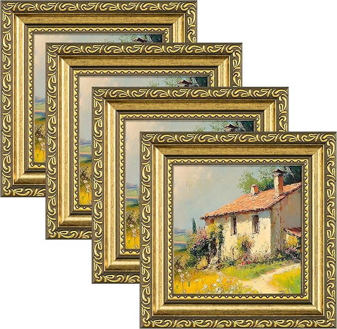 eletecpro 4x4 Picture Frames Set of 4, Ornate Vintage Photo Frames with Glass, Rustic Gold Frame Displays 4x4 Photo for Tabletop, Gold