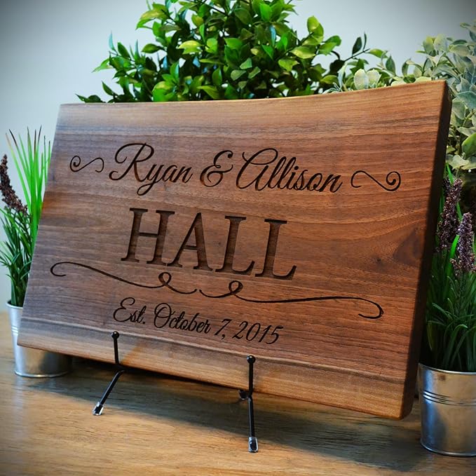 Personalized Cutting Board Wedding Gift Elegant Walnut Polished Live Edge Wood Display Custom Engraved Rustic Unique Anniversary Bride Groom Newlywed Couple Parents Housewarming (Embracing Swirls)