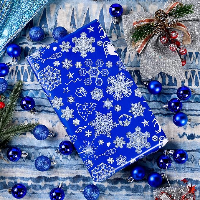 PlandRichW Christmas Wrapping Paper Folded 12 Sheets for Kids Boys Girls Man Women,Blue and White Snowmen Snowflakes Merry Christmas Deer,Image Arts Blue Holiday Wrapping Paper Each 20" X 29"