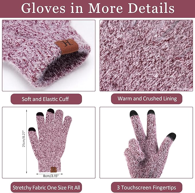 Womens Winter Warm Knit Beanie Hat Touchscreen Gloves Long Neck Scarf Set with Fleece Lined Skull Caps Gifts for Women