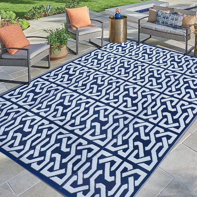 SAND MINE Reversible Mats, Plastic Straw Rug, Modern Area Rug, Large Floor Mat and Rug for Outdoors, RV, Patio, Backyard, Deck, Picnic, Trailer, Beach, Camping, Dark Blue & White, 9' x 12'