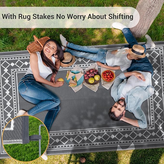 8x10 Outdoor Rug,Waterproof Geometric Plastic Straw Carpet,Easy Cleaning Folding Uv Resistant Picnic Camping Mat,Lightweight Outdoor Carpet,Grey/White