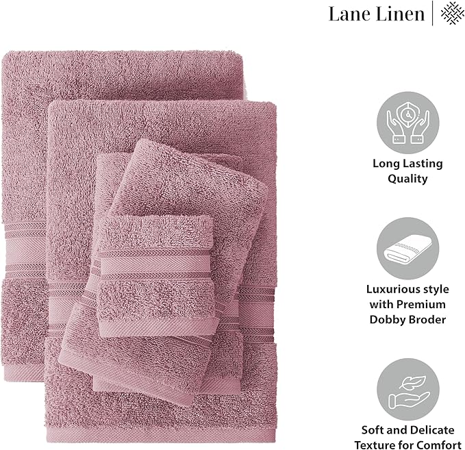 LANE LINEN Bathroom Towels Set of 12 – Zero Twist, 100% Ring-Spun Cotton, 4 Bath, 4 Handtowel & 4 Washcloths, Luxury Hotel Design, Perfect for Salon & Guests, Machine Washable – Wishful Mauve