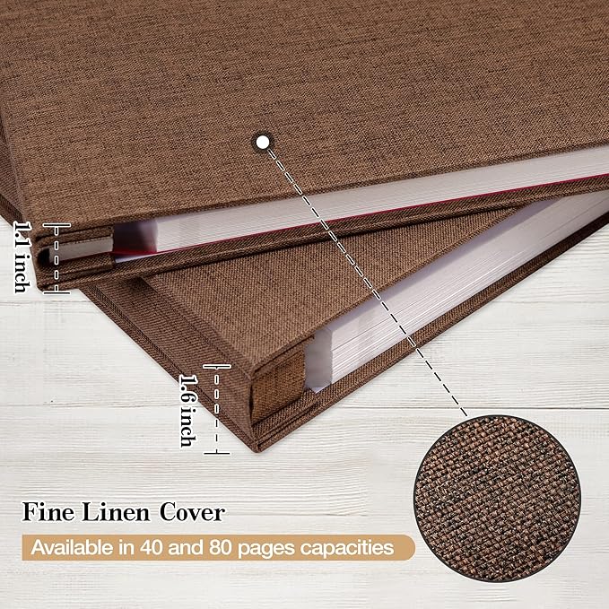 potricher 13.2x12.8 Inch Self Adhesive Photo Album Linen Cover 80 Pages Sticky 3x5 4x6 5x7 6x8 8x10 8.5x11 Magnetic DIY Scrapbook Photo Album with A Metallic Pen (Brown)
