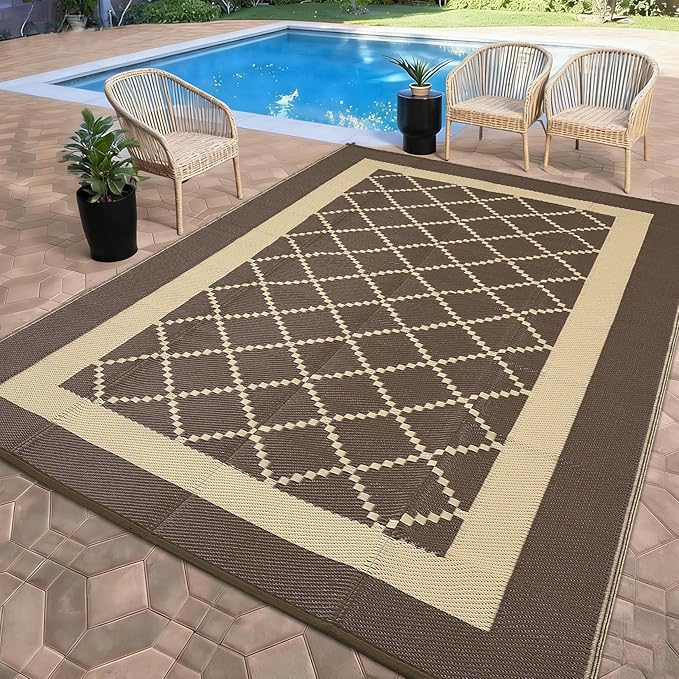 Outdoor Patio Rug 9x18 Waterproof Plastic Reversible Rug Modern UV Resistant Foldable Camping Mat Contemporary Geometric Outdoor Floor Mat for RV Backyard Deck Brown/Coffe