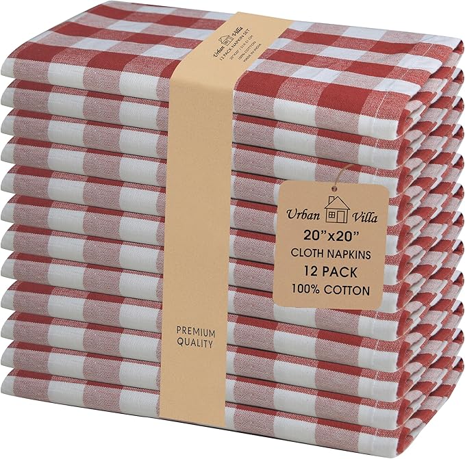 Urban Villa Cloth Napkins 100% Cotton Dinner Napkins Highly Absorbent 20x20 Inches (Set of 12) Rust Buffalo Checks Reusable Washable Soft Durable Premium Napkins Ideal for Home Wedding Parties