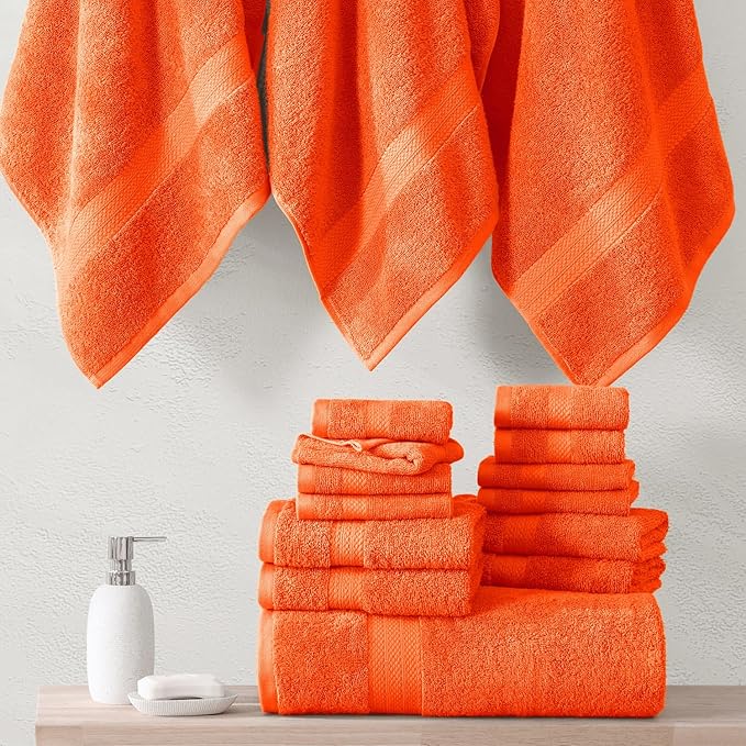 LANE LINEN 100% Ring Spun Cotton Luxury Bath Towel Set, 18 PCs - 4 Bath Towels, 8 Washcloths, 6 Hand Towels for Bathroom - Sustainably Produced & Pet Friendly, Oeko-Tex Certified - Tiger Lily