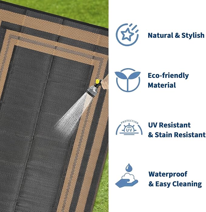 9x12 Outdoor Rug Waterproof Foldable Plastic Straw Carpet for Patio Porch Modern Border Reversible Mat Lightweight Floor Mat for Picnic, Backyard, Beach, Deck, Camper, Balcony，Black/Brown