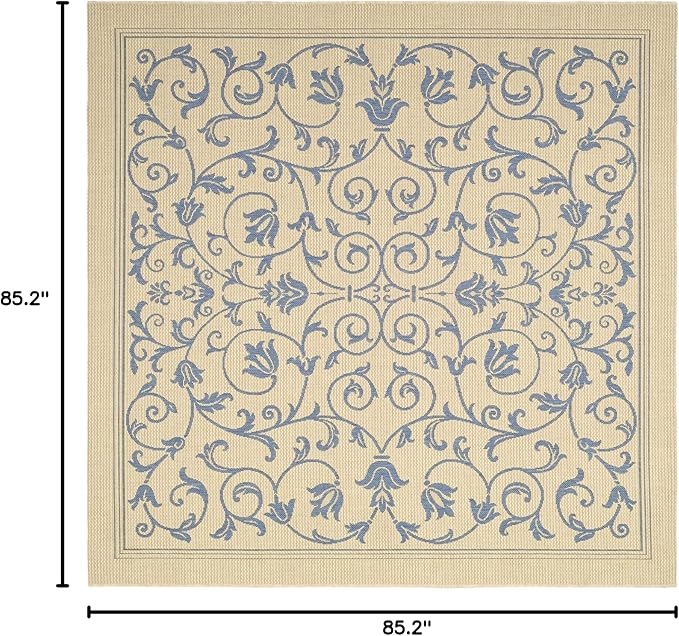 SAFAVIEH Washable Rug Outdoor Courtyard Collection - 7'10" Square, Natural & Blue, Non-Shedding & Easy Cleaning, Ideal for Patio, Backyard, Mudroom (CY2098-3101)