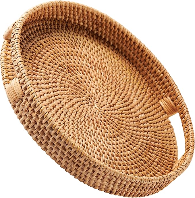 JUNGLE CULTURE Large Rattan Serving Tray 14" in Natural Honey • Round Table Basket • Wicker Ottoman Trays with Handles for Coffee Table, Bed Side or Couch • Flat Circle Woven Tray • Boho Farmhouse