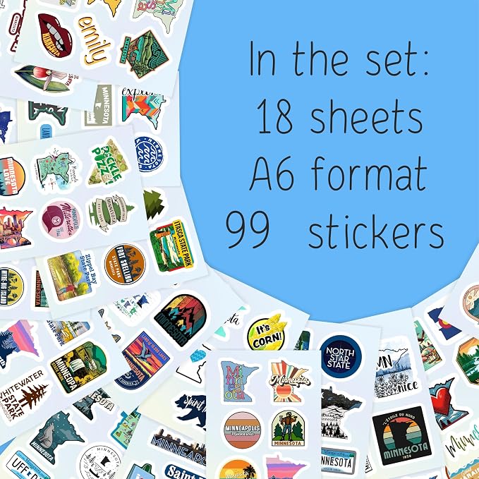 100Pcs Minnesota Stickers for Water Bottle and Laptop - State Souvenirs, Decorations & Gifts, Waterproof Vinyl Decals, Gifts for Women & Men