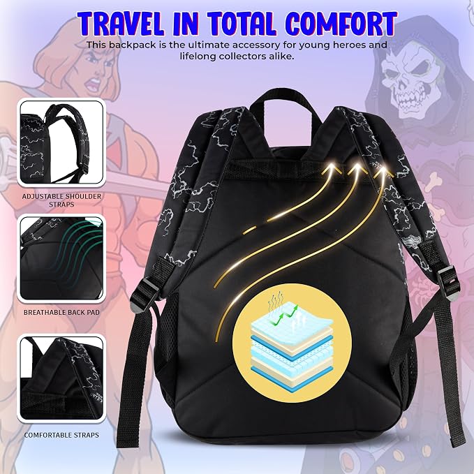 AI ACCESSORY INNOVATIONS Masters of the Universe Castle Grayskull Backpack for Kids, 16 Inch Bookbag featuring He-Man & Skeletor, Black
