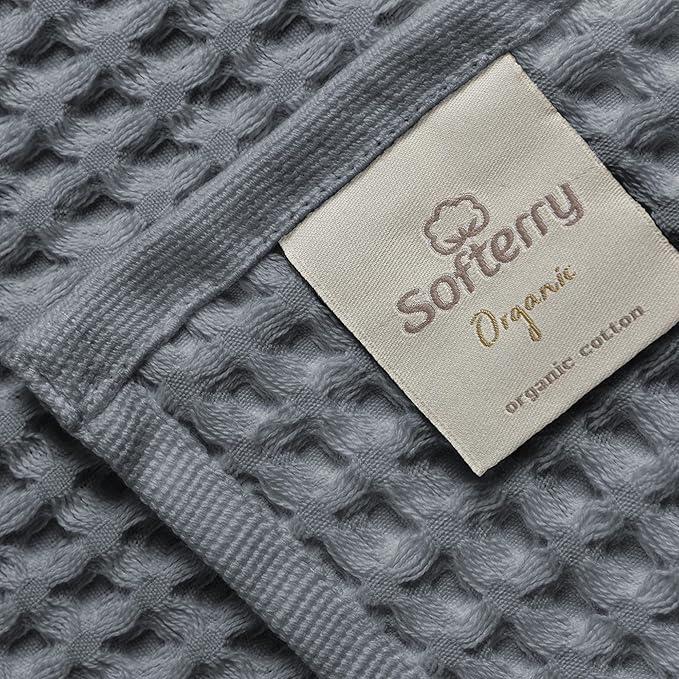 Softerry European Waffle Weave Bath Towel Set - 100% Organic Cotton - Quick Dry Lint Free Thin and Absorbent - Fade Resistant - Eco-Friendly (Set of 2 Bath, Space Gray)