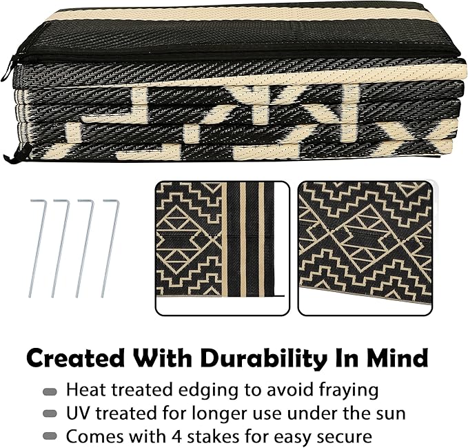 SAND MINE Reversible Mats, Plastic Straw Rug, Modern Area Rug, Large Floor Mat and Rug for Outdoors, RV, Patio, Backyard, Deck, Picnic, Beach, Trailer, Camping (9' x 12', Black & Beige)