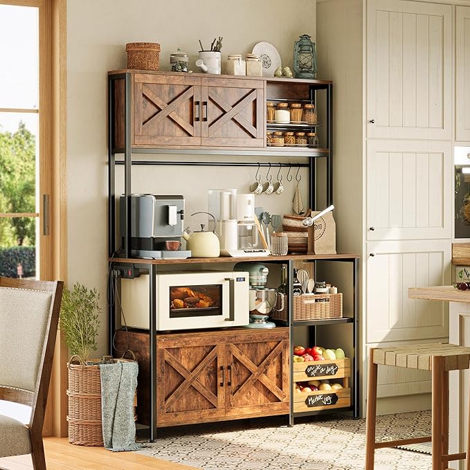 Huuger Large Bakers Rack with Power Outlet, Kitchen Microwave Stand with Cabinets, Coffee Bar Table Station with Storage, 6 S-Shaped Hooks, Mesh Shelves, 45 Inch Wooden Top, Rustic Brown