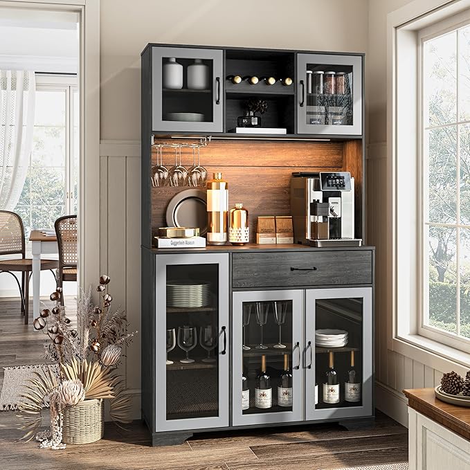 71" Tall Pantry Cabinet, Coffee Bar Storage Cabinet with Charging Station & LED Lights, Kitchen Hutch Food Pantry Cabinet with Wine Rack, Large Drawer, Adjustable Shelves & Microwave Stand, Grey