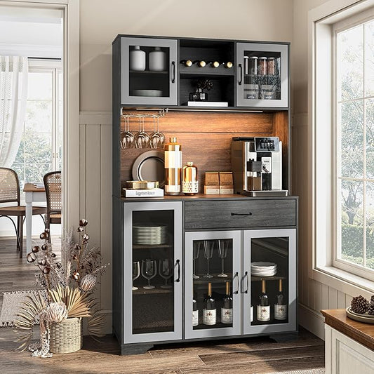 71" Tall Pantry Cabinet, Coffee Bar Storage Cabinet with Charging Station & LED Lights, Kitchen Hutch Food Pantry Cabinet with Wine Rack, Large Drawer, Adjustable Shelves & Microwave Stand, Grey