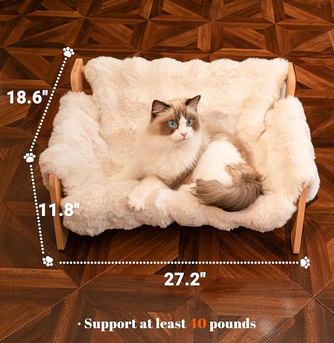 CHEERHOME PETS Elevated Cat Couch Bed Wooden Raised Kitty Sofa Lounge Chair | Washable Fluffy Cover Wooden Elevated Pet Furniture for Indoor Cats and Puppy(White)