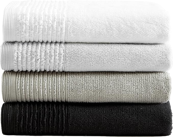 Vera Wang - Bath Towels, 100% Soft & Absorbent Terry Cotton, Low Linting and Fade Resistant, Medium Weight Bathroom Towels (Sculpted Pleat Black, 6 Piece)