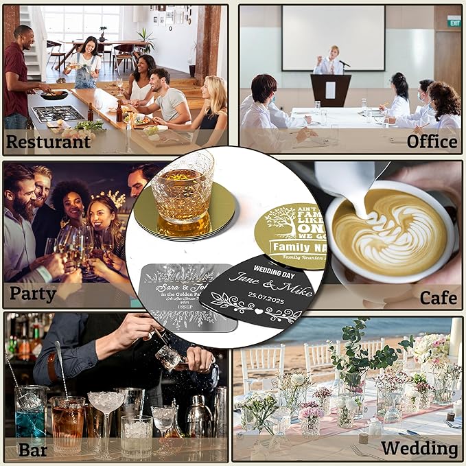 Personalized Coasters,Stainless Steel Coaster with Sponge Bottom,Engraved Drink Coasters with Logo/Name, Modern Coasters for Restaurant, Bar, Housewarming or Wedding Gift, Set of 6 (Black, Square)