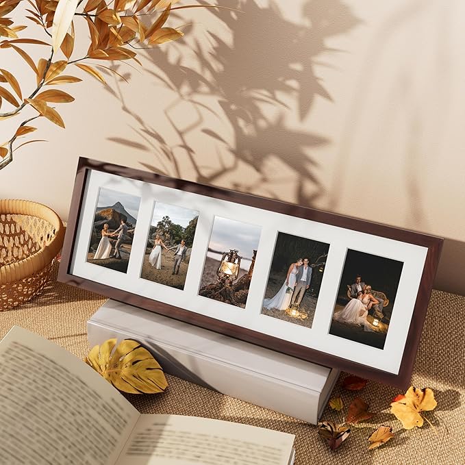 Vittanly 8x24 Collage Picture Frame, Displays 5Pcs 4x6 Pictures with Mat or 1Pcs 8x24 without Mat, Picture Frames Collage Wall Decor for Horizontal or Vertical Display, Brown, 1 Pack