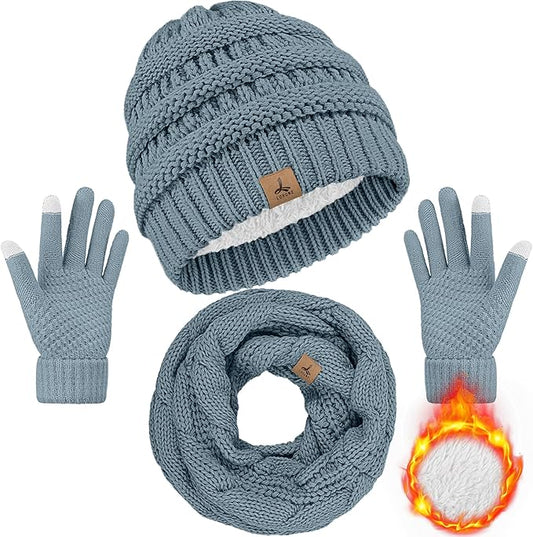 Winter Beanie Hat Scarf Gloves, Warm Fleece Knit Hats Touch Screen Gloves Neck Scarf Set Winter Gifts for Unisex Adult