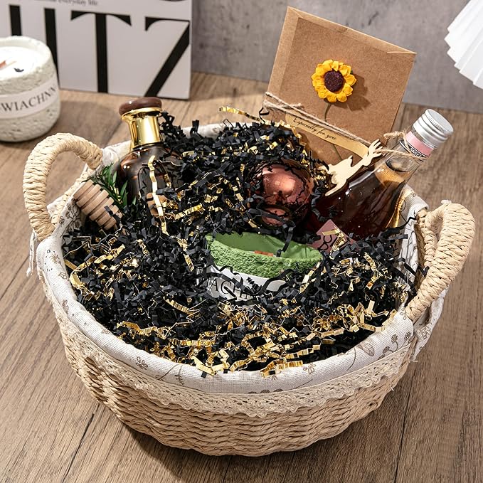 Mefleet 1/2 LB Crinkle Cut Paper Shred Filler 8 oz Black & Gold Crinkle Shredded Paper for Gift Box - Gift Basket Bag Filler - Grass Cushion Stuffing for Easter, Mother's day, Birthday Packaging Wrapping