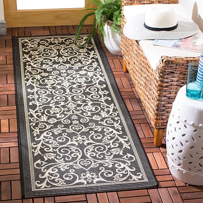 SAFAVIEH Washable Rug Outdoor Courtyard Collection - 2'3" x 12' Runner, Black & Sand, Non-Shedding & Easy Cleaning, Ideal for Patio, Entryway, Mudroom, Hallway, Kitchen (CY2098-3908)