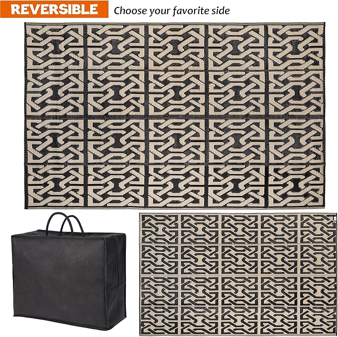 SAND MINE Reversible Mats, Plastic Straw Rug, Modern Area Rug, Large Floor Mat and Rug for Outdoors, RV, Patio, Backyard, Deck, Picnic, Beach, Camping, Trailer, Black & Beige, 5' x 8'