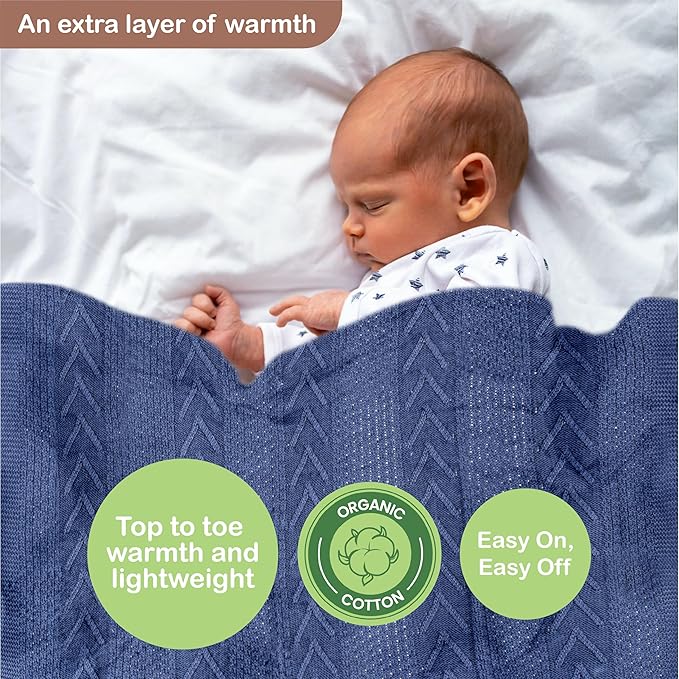 Organic Cotton Baby Blanket - 31.5 x 43.3 Inches, Soft Knitted Crib Blanket for Boys & Girls, Breathable Design (Blue)
