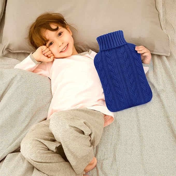 samply Hot Water Bottle with Knitted Cover, 2L Hot Water Bag for Hot and Cold Compress, Hand Feet Warmer, Ideal for Menstrual Cramps, Neck and Shoulder Pain Relief,Navy
