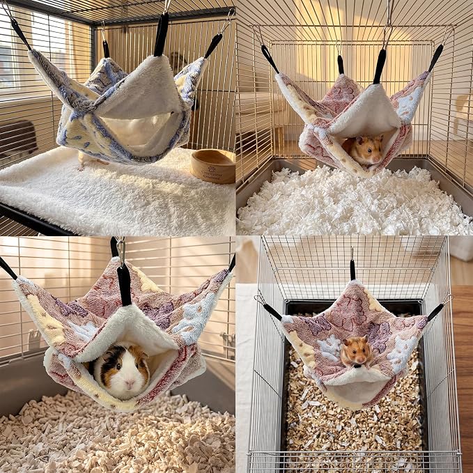 2 Pack Guinea Pig Hammock, Rat Hammock, Double Layer Bed | Cozy double-layer fleece hammock for rats, guinea pigs & more. Warm hideout, sturdy hooks, washable cage accessories.