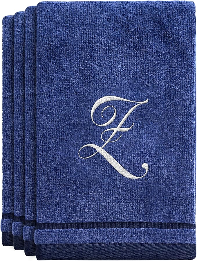 Creative Scents Navy Blue Monogrammed Towels with Initials - 4 Pack Super Absorbent Bathroom Fingertip Cotton Towel with Soft Velour Finish - Personalized Gifts for Freinds & Family 11"x18" Initial Z