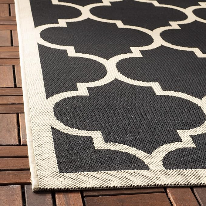 SAFAVIEH Washable Rug Outdoor Courtyard Collection - 6'7" Square, Black & Beige, Non-Shedding & Easy Cleaning, Ideal for Patio, Backyard, Mudroom (CY6914-266)
