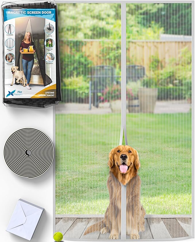 Flux Phenom Magnetic Screen Door Mesh 38x82 Inch – Easy Install, Strong Magnet Strength, Self-Sealing Mesh, Pet Tested, Hands-Free Entry, Door Screen Magnetic Closure, Keeps Bugs Out - White