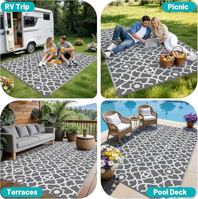 HEBE Outdoor Rug Waterproof 6x9, Plastic Straw Rug Camping Rug, Reversible Outdoor Patio Rugs RV Mat Clearance, Indoor Outside Floor Carpet for Porch,Deck,Camper,Balcony,Backyard