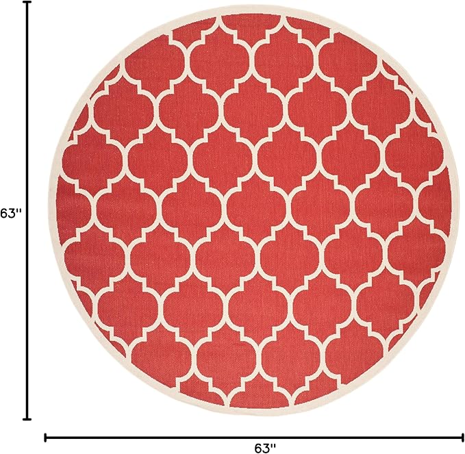 SAFAVIEH Washable Rug Outdoor Courtyard Collection - 5'3" Round, Red & Bone, Non-Shedding & Easy Cleaning, Ideal for Patio, Backyard, Mudroom (CY6914-248)