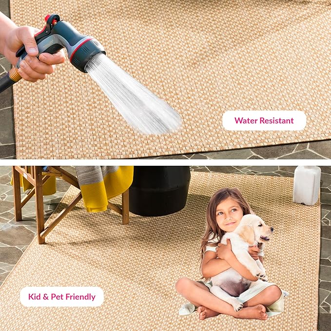 SAFAVIEH Washable Rug Outdoor Courtyard Collection - 5'3" x 7'7", Natural & Cream, Non-Shedding & Easy Cleaning, Ideal for Patio, Backyard, Mudroom (CY8653-03021)