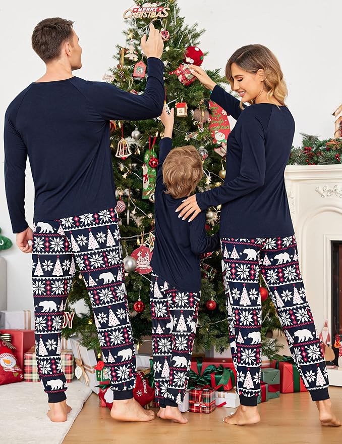 Ekouaer Family Matching Pajamas Christmas Sleepwear Long Sleeve Sleep Shirt with Plaid Pants Soft Loungewear Pjs Set S-XXL