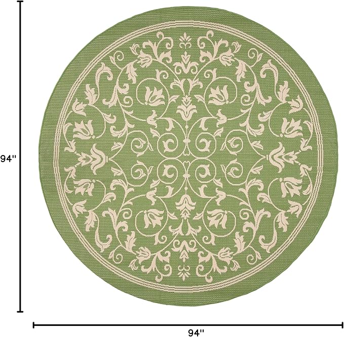 SAFAVIEH Courtyard Collection 7'10" Round Olive / Natural CY2098 Scroll Indoor/ Outdoor Waterproof Easy-Cleaning Patio Backyard Mudroom Area-Rug
